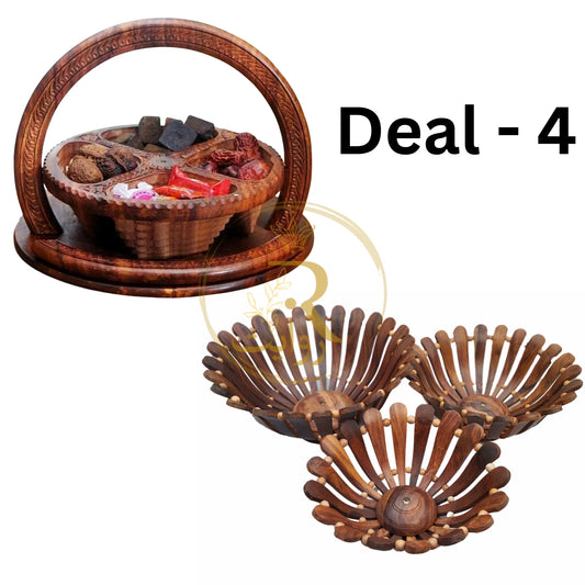 JS Junoon Deal-4 | Wooden Dry Fruit Basket + Set of 3 Handcrafted Fruit Baskets – Traditional Kitchen & Dining Combo