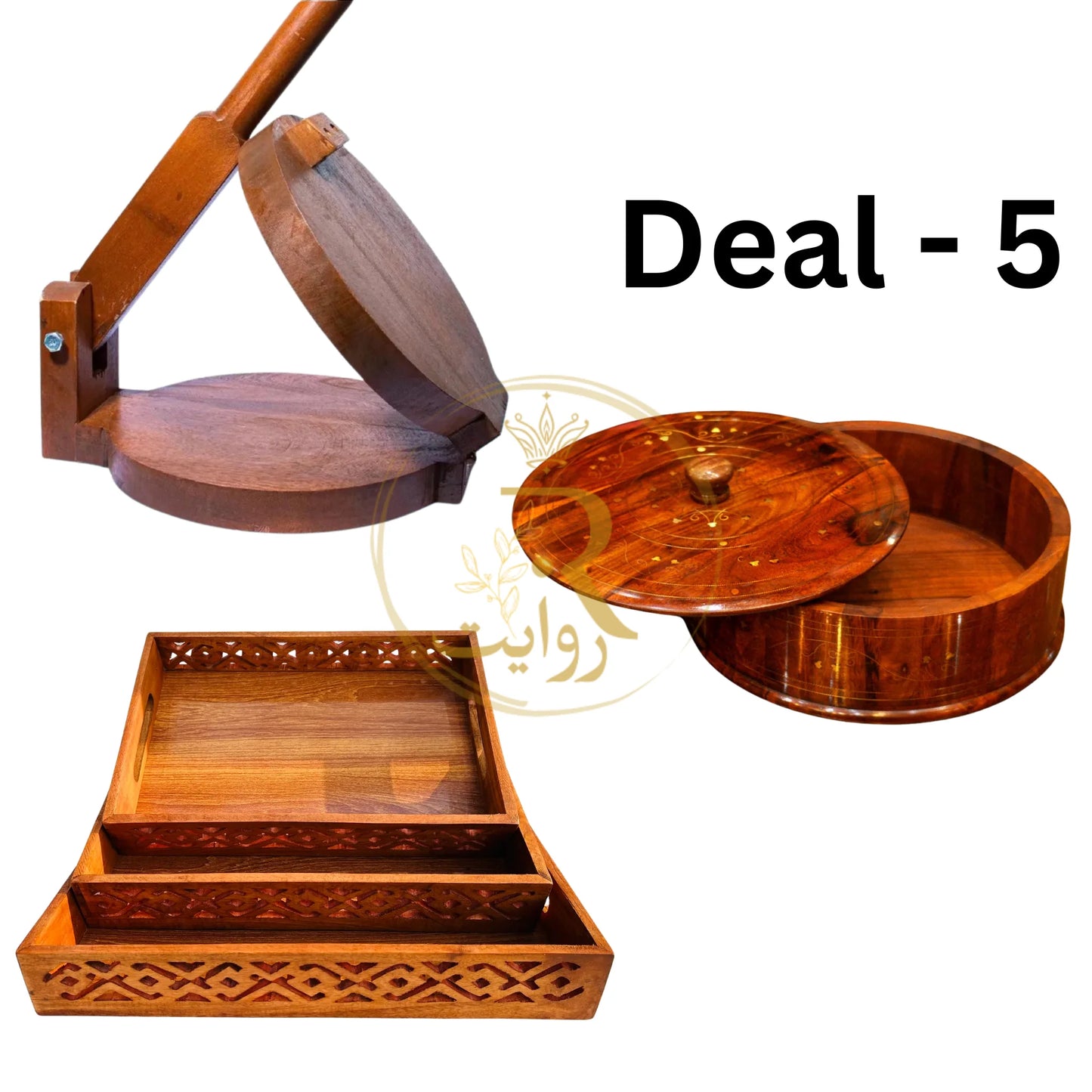 JS Junoon Deal-5 | Handcrafted Wooden Hotpot (Without Steel Bowl) + Lightweight Tray Set of 3 + Wooden Roti Maker – Traditional Kitchenware Combo